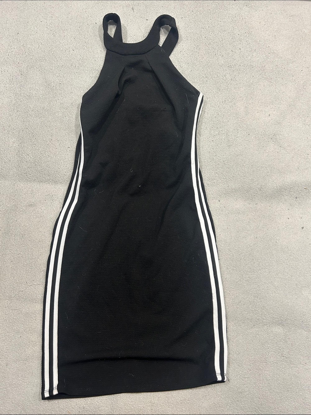 Black Ribbed Halter Mini Dress with Side Stripes Size M